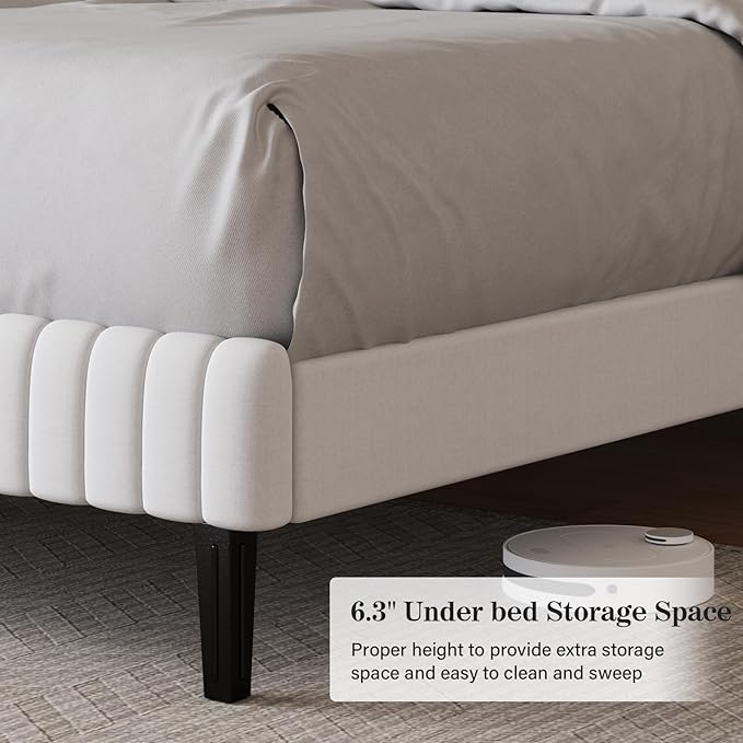 Twin Bed Frame, Velvet Upholstered Platform Bed with Vertical Channel Tufted Headboard and Footboard, No Box Spring Required, Easy Assembly, White-Ruum Studio Home