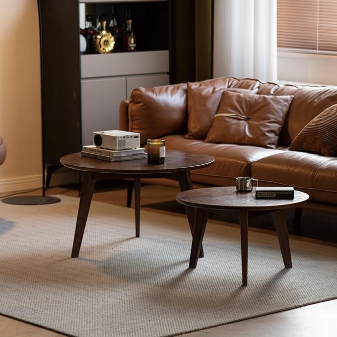 100% Solid Oak Wood Coffee Table Set, Round Coffee Table Combo Side Table w/Solid Wood Legs, Mid Century Table Sturdy Tables for Bedroom Balcony Living Room (Walnut, 3 Pieces)-Ruum Studio Home