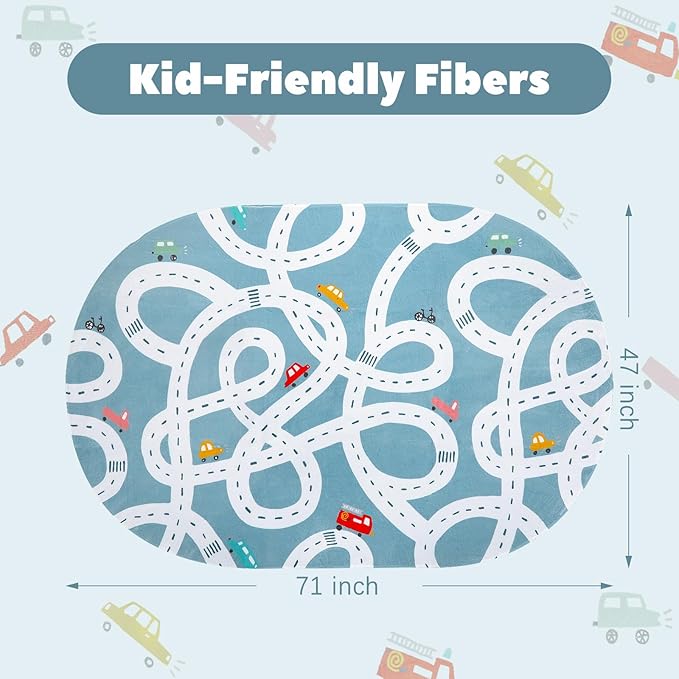 STARUIA Large Kids Playroom Rug, 4'x6' Washable Road Rug for Nursery, Non-Slip Fun Area Rugs for Kids Room, Blue Car Rugs Play Mat Soft Baby Carpet for Boys Girls Dorm Toy Room Tent-Ruum Studio Home