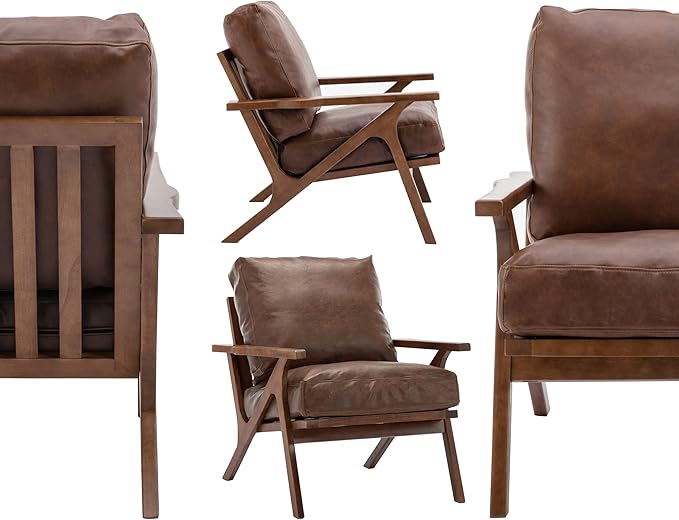 Wahson Brown Leather Accent Chair - Mid Century Modern Retro Upholstered Armchair with Wood Frame and Removable PU Cushions - Large Compfy Leisure Slipper Chair for Living Room/Bedroom (Set of 2)-Ruum Studio Home
