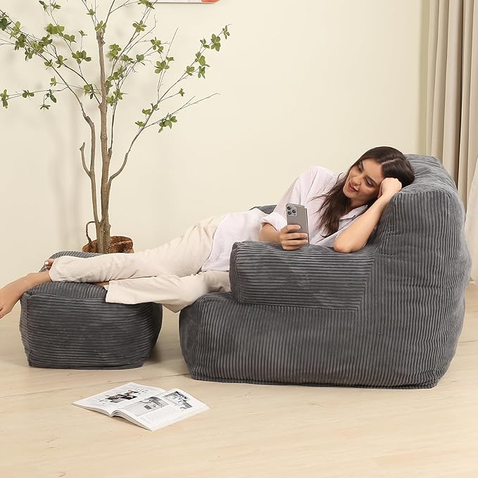 Comfy Gaint Bean Bag Chair with Ottoman, Huge Bean Bag Armchair for Adults and Teens, Dark Grey-Ruum Studio Home