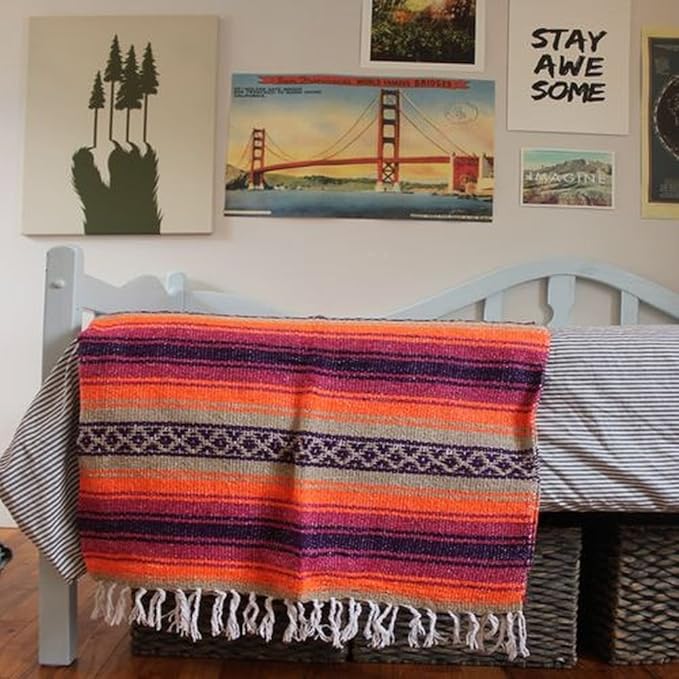 Del Mex Classic Mexican Blanket, Large Authentic Woven Falsa Throw (70"x50"), Artisan Southwest Décor for Beach, Yoga, Outdoors (Pink/Orange)-Ruum Studio Home