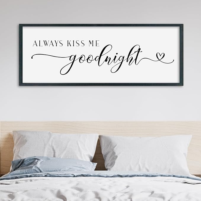 SRSZHIYUE Always Kiss Me Goodnight Sign Wall Decor Art for Master Bedroom Above Bed 32"×12" Large Wood Framed Wall Hanging (Black)-Ruum Studio Home