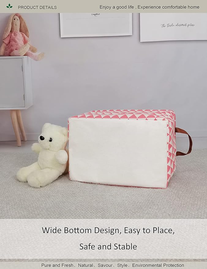 Rectangular Fabric Storage Box, Decorative Basket and Finishing Basket with Handle are Used for The Storage of Clothes, Books and Sundries(Pink Triangle) 1-Ruum Studio Home