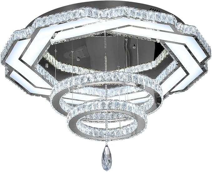 Flashing God Crystal Chandeliers Dia 32" Silver Elegant Chandelier Flush Mount Ceiling Light for Bedroom Living Room Dining Room Hallway Dimmable 3 Rings LED Celing Lighting Fixtures-Ruum Studio Home