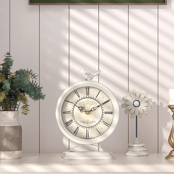 Vintage Table Clock with Bird, European Antique Style White Mantel Clocks, Desk and Shelf Decor Clock, for Farmhouse, Bedside, Living Room, Bedroom, Gift (9" H x 6.5" W)-Ruum Studio Home