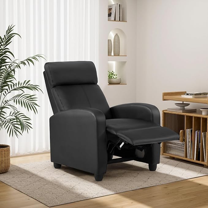 BestMassage | Recliner Chair | No Massage Function | Leather Black | with Lumbar Support, Adjustable Push Back, Wide Armrests, Footrest & Padded Seat | Easy Assembly | for Living Room, Home Theatre-Ruum Studio Home