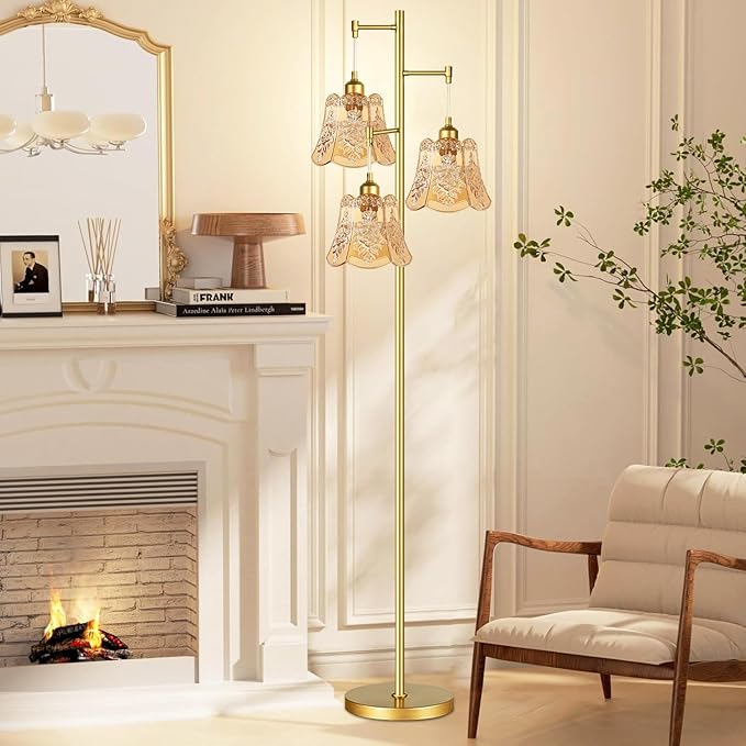 Gold Floor Lamp for Living Room,Bedroom,Tree 3 Light Standing Lamp Mid Century Modern Brass Tall Floor Lamps Vintage Retro Floor Lights Glass Green Flower Lamp Shade Farmhouse Boho Bohemian-Ruum Studio Home