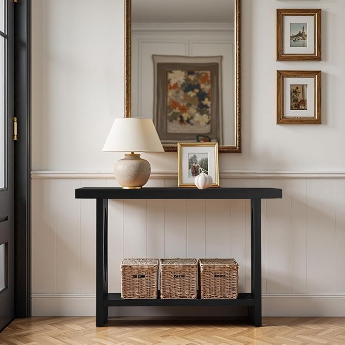 BECHAEO 47-Inch Modern Narrow Console Tables with Solid Wood Veneer - 2’’ Thickened Tabletop, 2-Tier Slim Sofa Table Behind Couch, Rectangle Entryway Table for Hallway Living Room, Black Oak-Ruum Studio Home