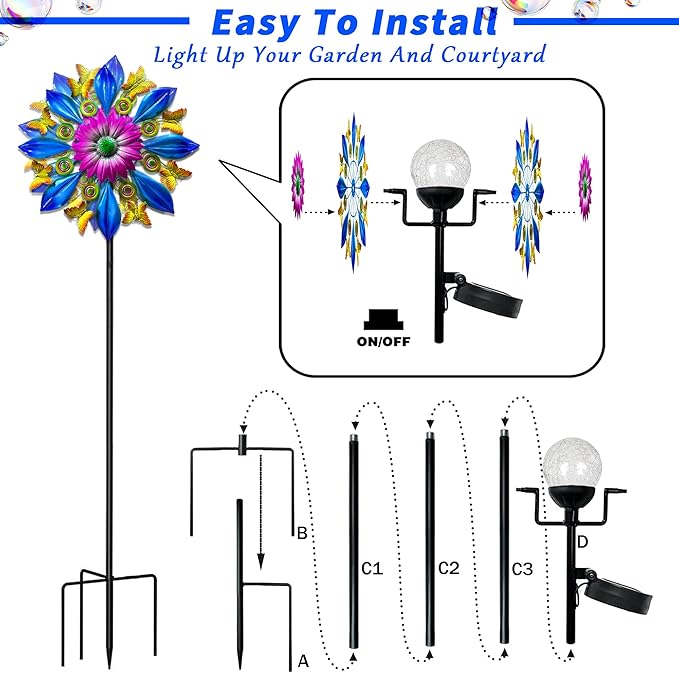 60 Inch Solar Wind Spinner Outdoor - Double-Sided Rotating Colorful Kinetic Wind Spinners for Garden, Yard Decorations Outdoor,Metal Wind Sculptures & Spinners, Wind Art-Ruum Studio Home