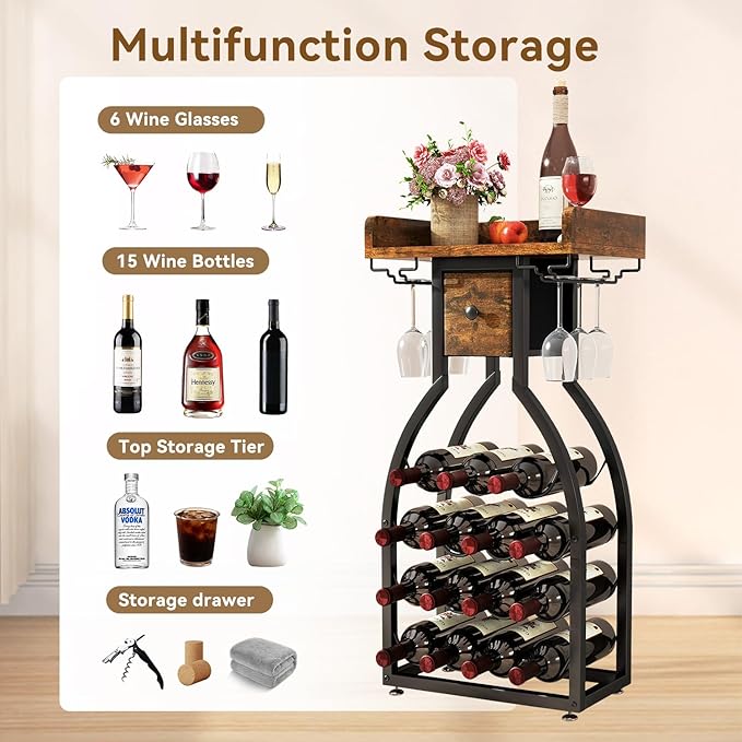 IBUYKE Wine Rack Freestanding Floor,Wine Storage 15 Bottles Bottle Rack with Glass Holders, Mini Bar Wine Cabinet with Storage Drawer for Home Bar Kitchen Dining Room,Rustic Brown,UTMJ908H-Ruum Studio Home