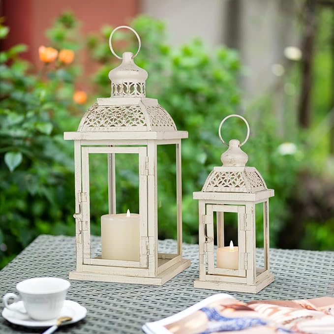DECORKEY Large Lantern Decorative Outdoor & Indoor, Set of 2 (14’’&10’’) Metal Candle Lanterns Decor, Vintage Hanging Candle Holder for Front Porch Patio Wedding Farmhouse Home, Spring Decoration-Ruum Studio Home