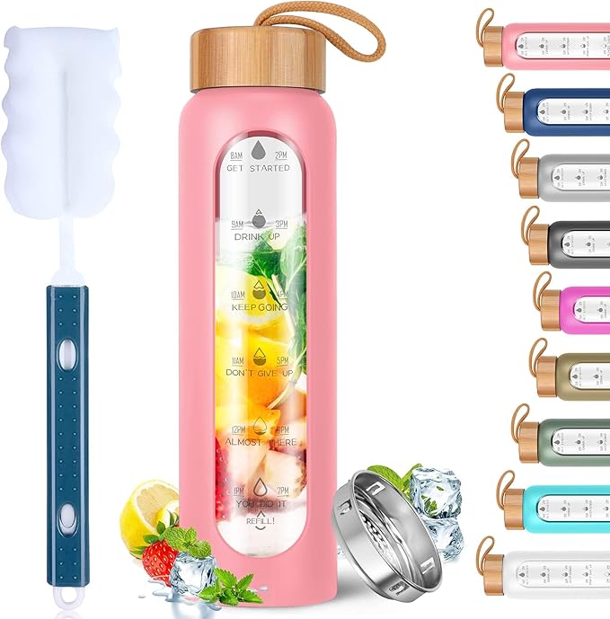 Aqulea Glass Water Bottles 25 Oz with Silicone Sleeve - BPA Free Reusable Wide Mouth Glass Motivational Water Bottles with Fruit Infuser – Leak Proof Borosilicate Water Bottle with Time Marker (Pink)-Ruum Studio Home