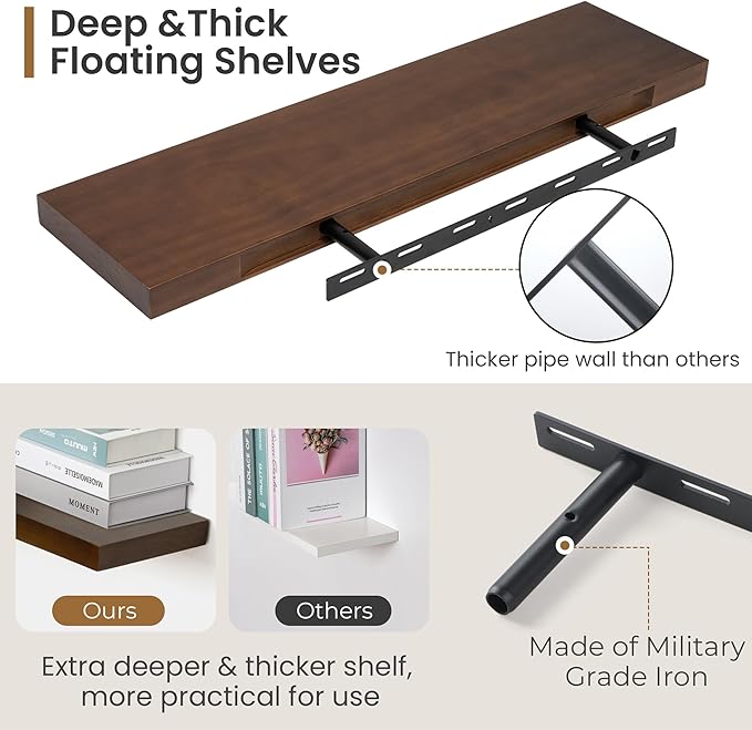 Fun Memories Farmhouse Floating Shelves - 8 Inch Deep Rustic Wood Wall Shelf - Premium Solid Pine Wood Storage Shelf for Kitchen Living Room Bedroom - 30" W x 8" D - Set of 2 - American Walnut-Ruum Studio Home