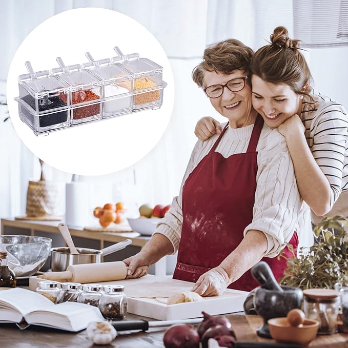 4 PCS Seasoning Box, Clear Spice Containers with Spoon, Acrylic Toppings Containers with Lids, Kitchen Multi Spice Box for Salt, Sugar, Pepper, Garlic Powder-Ruum Studio Home