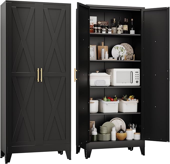 71" H Metal Kitchen Pantry Storage Cabinet, Freestanding Cupboard with 2 Doors and 4 Adjustable Shelves, Standing Storage for Kitchen, Bathroom, Garage, Dinning Room or Utility Room（Black）-Ruum Studio Home