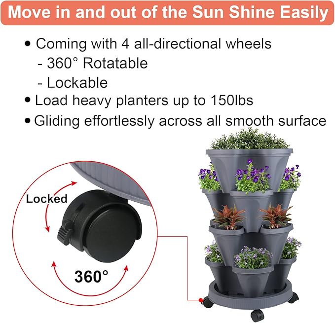 Vertical Planter 4 Tier Stackable Planters Garden Planters Strawberry Herb Flower and Vegetable Planter Indoor Outdoor Gardening Pots with Removable Wheels and Tools-Ruum Studio Home