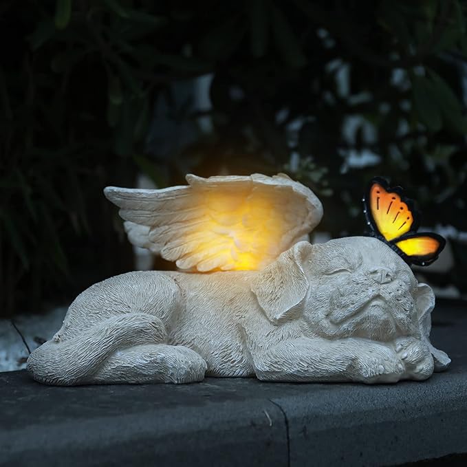 WONDER GARDEN Sleeping Dog Angel Statue with Solar Light - Pet Memorial Stone, in Memory of Dog, Marker Tribute Statues, Resin Guardian Angels, Bereavement Gift-Ruum Studio Home