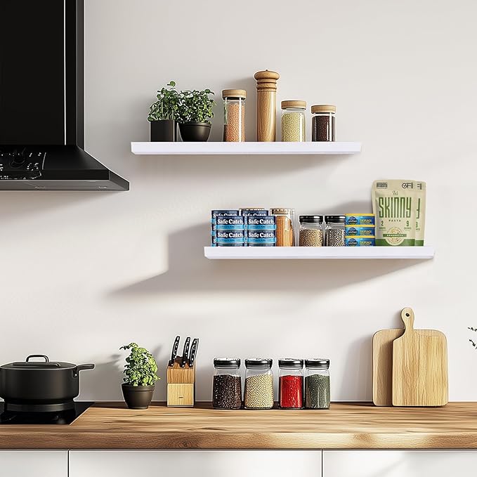 24"x6.8"x1.2" Solid Wood Floating Shelves 2-Pack - Rustic White Finish with Hidden Brackets, Perfect for Storage and Décor in Living Room, Kitchen, Bedroom-Ruum Studio Home