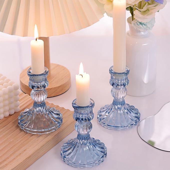 12PCS Blue Candlestick Holders Set- 4" H Taper Candle Holders, Glass Candle Holders Bulk for Wedding, Party, Home Table Centerpieces, Festival Gifts & Windowsill Decor-Ruum Studio Home