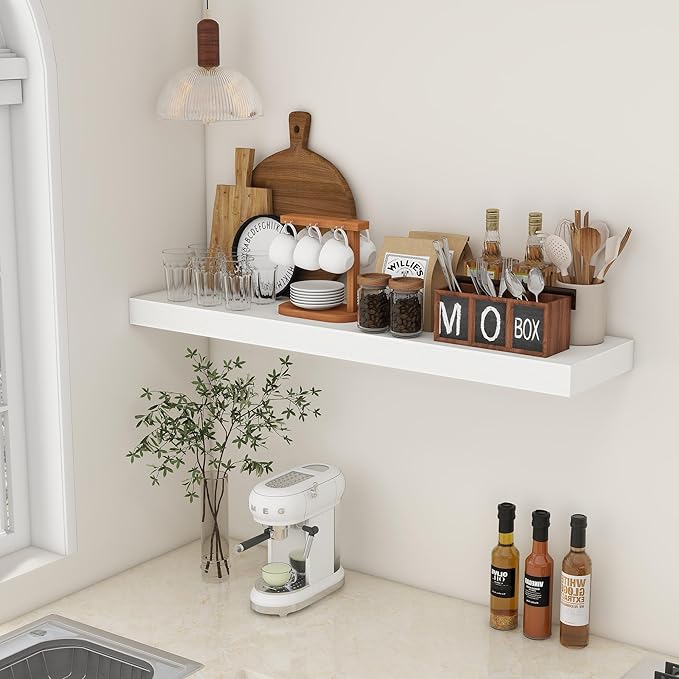 White Floating Shelves for Wall - 48 Inch Wide x 12 Inch Deep Wall Shelves Set of 1 - Rustic Wood Shelves for Living Room, Bathroom, Laundry Room, Bedroom, Kitchen, Home Office-Ruum Studio Home