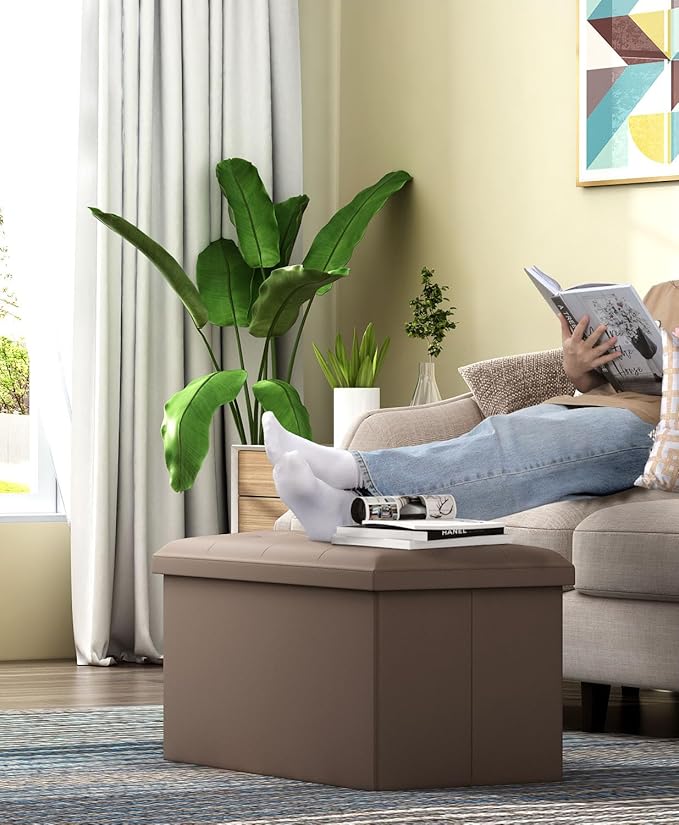 Storage Ottoman Bench, Folding Ottoman Foot Rest, 15 x 30 x 15 Inches, End of Bed Bench,Storage Chest, for Living Room, Bedroom, Hallway, Entryway, Brown-Ruum Studio Home