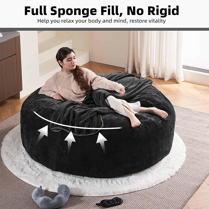 6FT,Oversized Bean Bag Chairs for Adults,Giant beanbag with Filler Included，Fluffy Memory Foam,Soft and Comfy Corduroy Fabric,Gaming Chairs Suitable for Living Room and Bedroom (Black, 6 Foot)-Ruum Studio Home