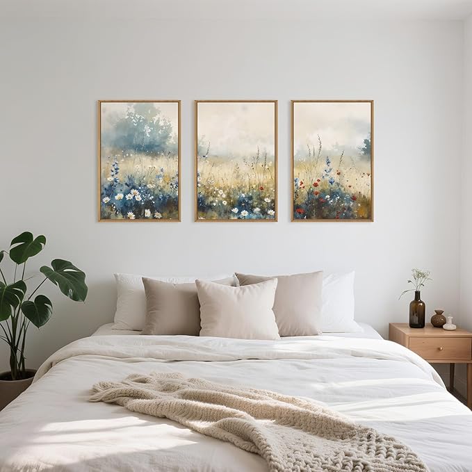 Celestdeco Nature Wildflower Framed Canvas Wall Art Set, Pastoral Landscape Wall Decor, Colorful Meadow Wall Painting, Rustic Floral Art Print for Living Room, Bedroom, Office - 24"X36"X3-Ruum Studio Home