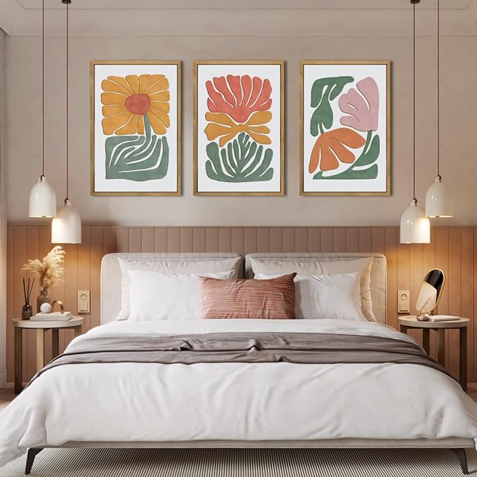 Large Abstract Boho Floral Wall Art Set Colorful Botanical Wood Wall Decor Modern Mid Century Artwork Neutral Bohemian Art Decor for Living Room Bedroom Office-16x24Inch x3-Ruum Studio Home