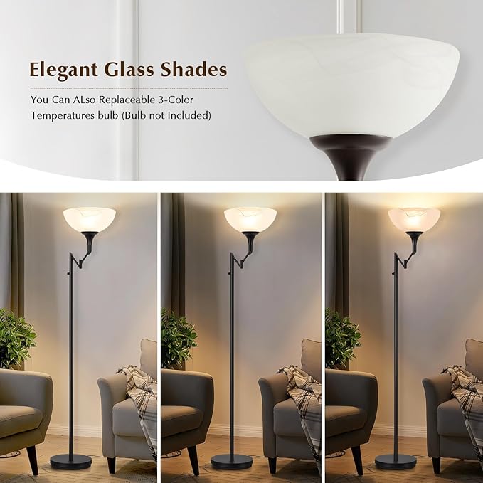 Floor Lamps for Living Room Black, 70" Tall Standing Lamp with Glass Shade, Torchiere Floor Lamp with 350°Adjustable Swing Arm Lamp, Pole lamp for Bedroom, Living Room, Office, Bulbs Included-Ruum Studio Home