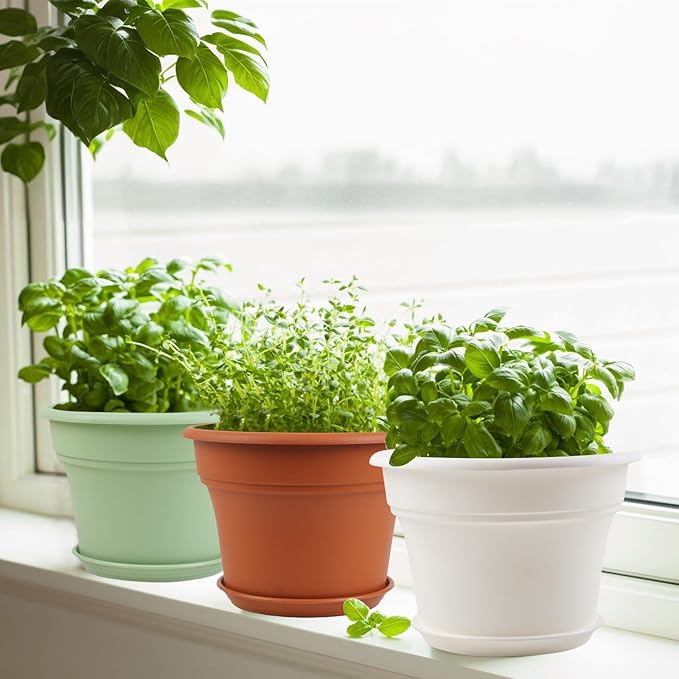 10 Inch Plastic-Flower-Pot-for-Indoor-Plants, 4 Pack Large Outdoor Planter Pot with Drainage Holes & Saucers, Resin Decorative Garden Pots Planters-Ruum Studio Home