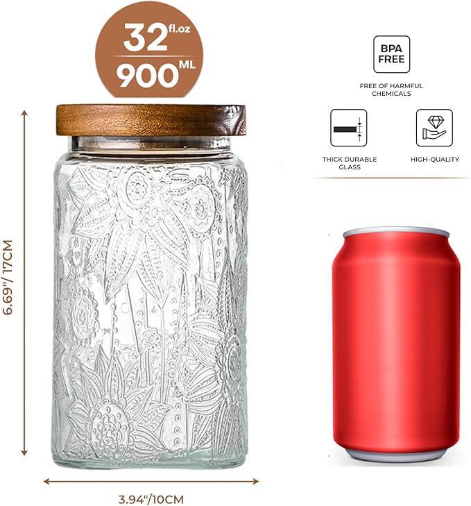 32oz Vintage Glass Jar With Lid, Glass Storage Containers, Airtight Kitchen Storage Containers For Sugar, Coffee, Tea, Spice, Flour, Candy Cookie, Pasta, Cereal, Cute Decorative Jars-Ruum Studio Home