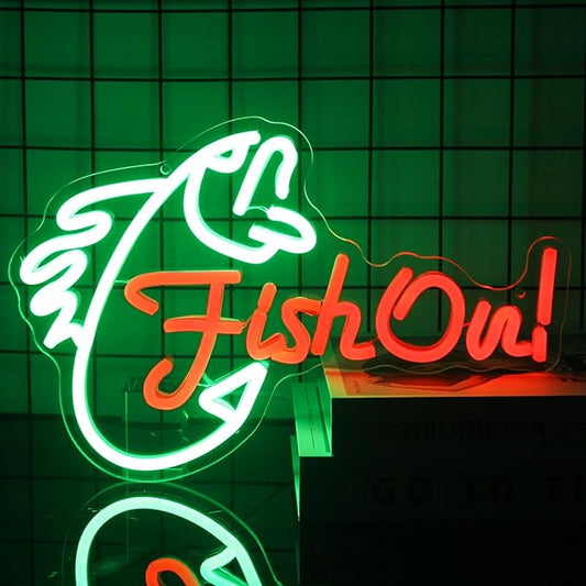 Fish On Neon Sign Go Fishing LED Signs for Wall Green Red Neon Light Dimmable Neon Lights Signs Fish Neon Light Up Sign for Bedroom Living Room Man Cave Yacht Decor Men Gifts