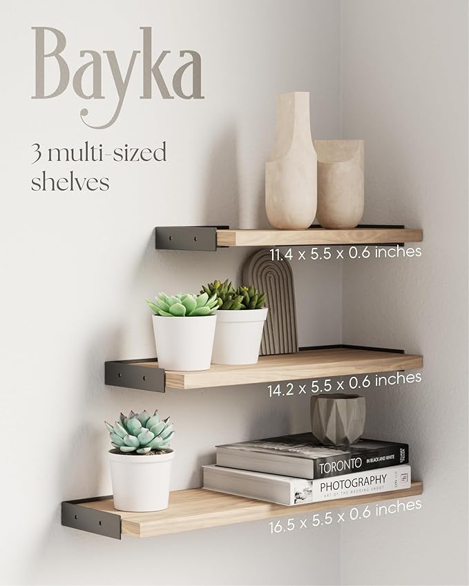 BAYKA Wall Shelves for Bedroom Decor, Floating Wall Shelves for Living Room Kitchen Storage, Wall Mounted Rustic Wood Floating Shelves for Kids Books, Corner Shelves for Bathroom(Brown，Set of 3)-Ruum Studio Home