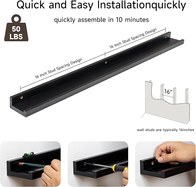 Fun Memories Picture Ledge Shelf, 36 Inch Floating Shelves Set of 2, Nursery Book Shelves for Toys Storage, Kids Bookshelf Wall Mounted for Wall Decor Books Photo Frames, Black-Ruum Studio Home