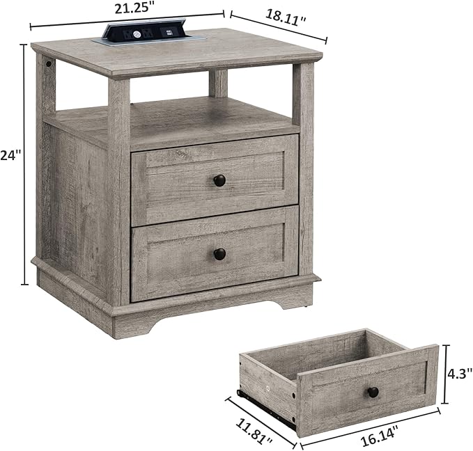 HIFYOBRO Large End Table Set of 2, 2 Drawers and Hidden Charging Station, Type-C & USB Port & Power outlets, Wooden End Table, Side Table with Storage for Living Room and Bedroom-Ruum Studio Home
