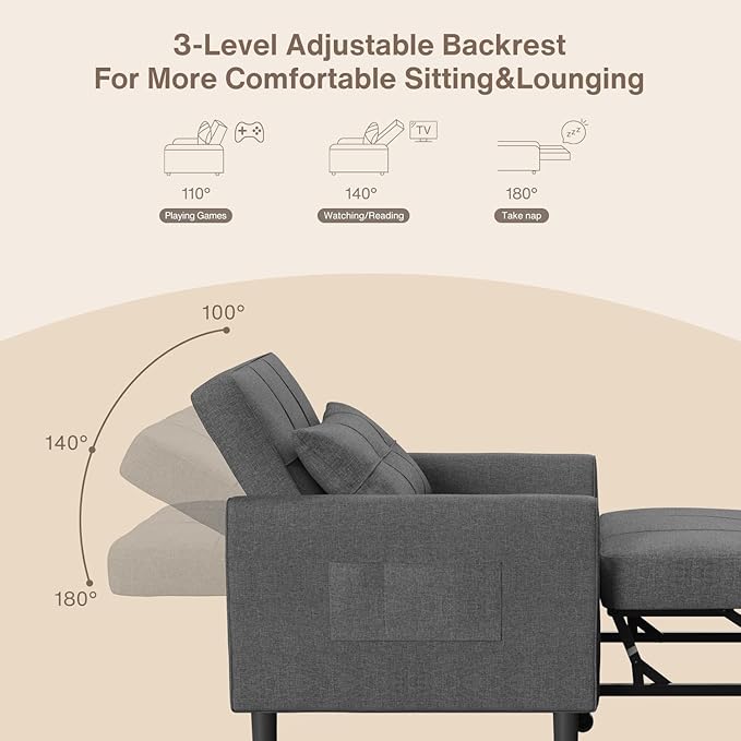 Noelse Convertible Futon Sofa Bed, 3-in-1 Multi-Functional Sleeper Chair Bed, Adjustable Backrest Recliner with Modern Linen Fabric for Living Room Bedroom Apartment Small Space, Dark Grey-Ruum Studio Home