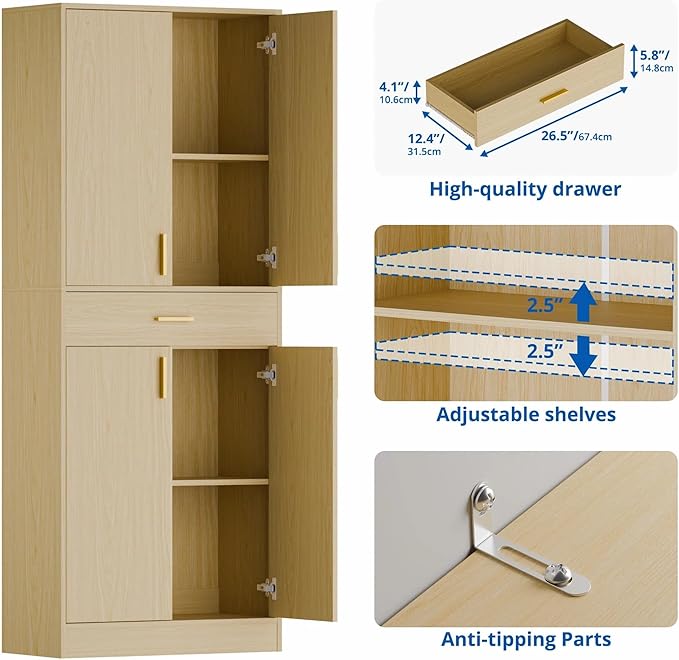 Cozy Castle Pantry Cabinet, 71" Tall Kitchen Storage Cabinet with Doors and Shelves, Freestanding Wood Cupboard Utility Hutch with Drawer for Dining Room Living Room Bathroom Furniture, Oak-Ruum Studio Home