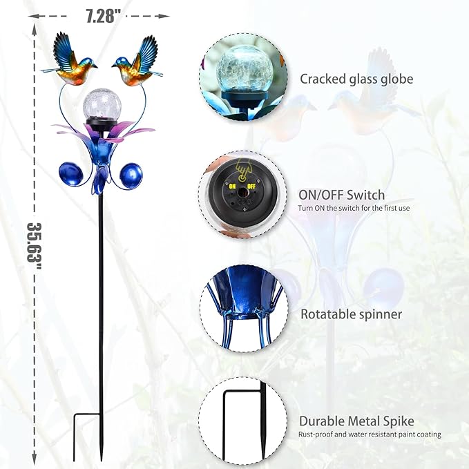 VCUTEKA Solar Lights Outdoor Metal Garden Stake Waterproof Crackle Glass Globe Garden Decor Blue Jay Bird for Pathway, Lawn, Patio, Yard-Ruum Studio Home