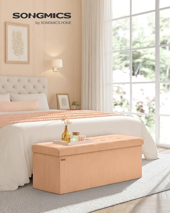 SONGMICS MAZIE Collection - Storage Ottoman Bench, Foldable Foot Rest, 15 x 43 x 15 Inches, End of Bed Bench, Storage Chest, Load 660 lb, Living Room, Bedroom, Entryway, Apricot ULSF604O01-Ruum Studio Home