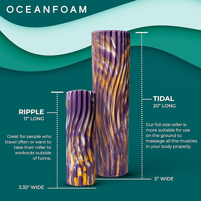 Oceanfoam Tidal Roller - Purple, Gold & Natural Marbled - Muscle Massage Foam Roller for Back Pain & Stretching - Firm & Ergonomic Wide Wave Textured - Yoga, Athletics, Wellness - Full Size, 20" x 5"-Ruum Studio Home
