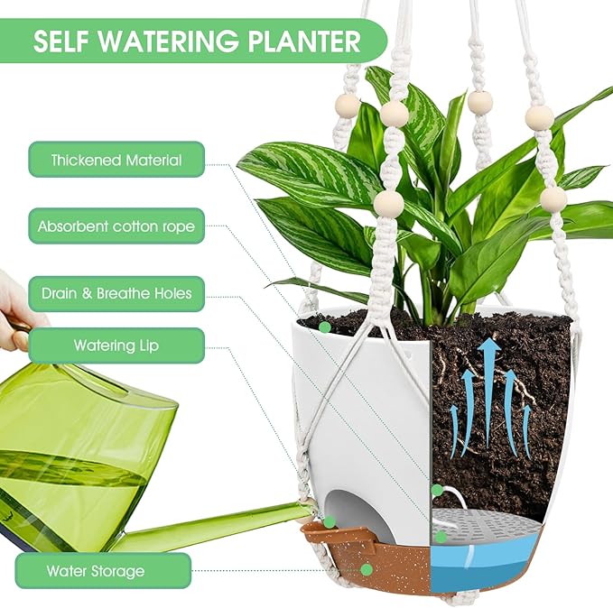 Hanging Planters for Indoor Outdoor Plants, 2 Pack Self Watering Hanging Pots, Hanging Plant Baskets with Drainage Holes & 2 Types of Plant Hangers (White, 6'')-Ruum Studio Home