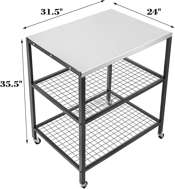 Stainless Steel Outdoor Grill Cart Pizza Oven Stand Trolley Table with Wheels Three-Shelf Movable Food Prep and Work Table Heavy Duty Grill Carts Outdoor Cart 31.5"×24"×35.5"-Ruum Studio Home