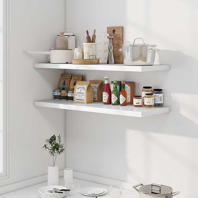40" Floating Shelves for Wall, 12" Deep Slim White Floating Shelves, Wall-Mounted Shelves for Bedroom, Living Room, Kitchen, Bathroom - Set of 2-Ruum Studio Home