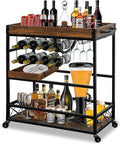 Vintage Bar Cart with Removable Tray and Wheels, Mobile Home Bar Serving Cart with Wine Rack, Glass Holder and Storage Shelves, 3-Tier Rolling Beverage Cart for Home or Patio-Ruum Studio Home