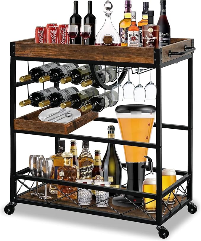 Vintage Bar Cart with Removable Tray and Wheels, Mobile Home Bar Serving Cart with Wine Rack, Glass Holder and Storage Shelves, 3-Tier Rolling Beverage Cart for Home or Patio-Ruum Studio Home