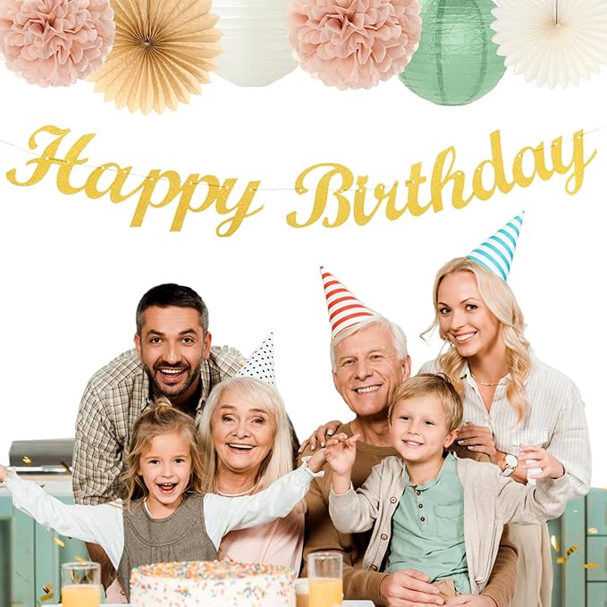 Sage-Green Blush-Pink Birthday Garland Party-Decorations - 14pcs Happy Banner 21st Spring Paper Flowers Lanterns Beige Tissue Pom Poms,Boho Streamers Fans,Neutral Rustic Hanging Supplies Decor Hugfond-Ruum Studio Home