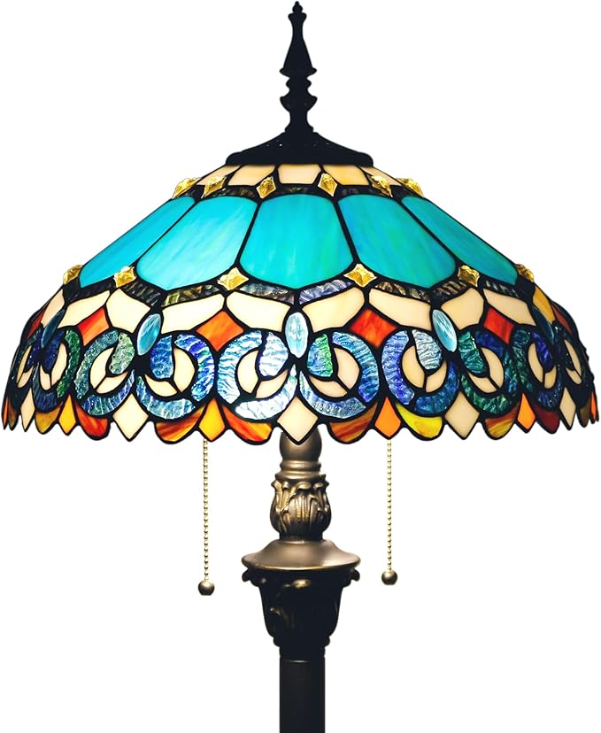 Tiffany Floor Lamp Stained Glass Lamp Standing Reading Light 16x16x70 Inch for Living Room (Blue Jewelry Baroque Style)-Ruum Studio Home