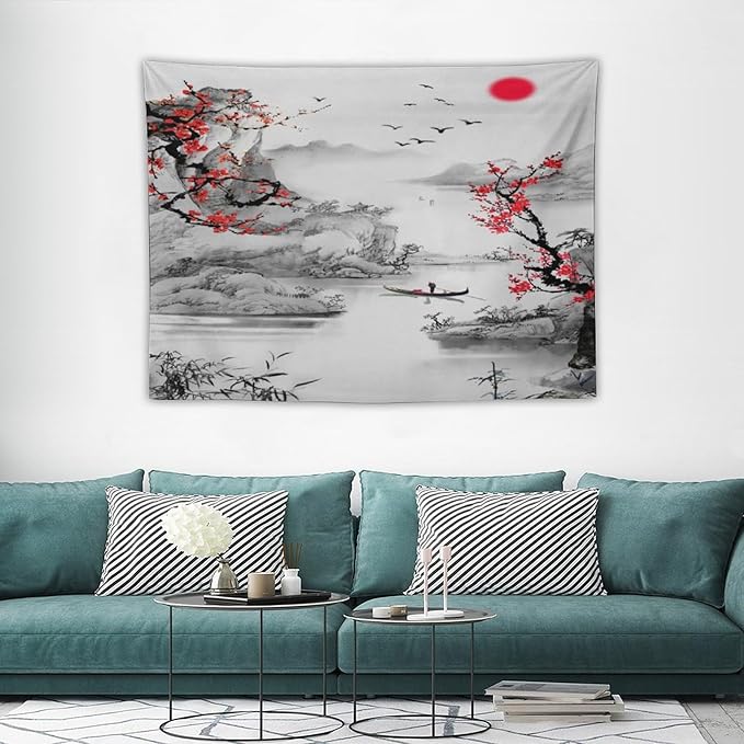 Cherry Blossoms Tapestry, Japanese Red Landscape Watercolor Abstract Art, Asian Japanese Wall Tapestry, Nature Landscape Tapestries for Bedroom Living Room Decor 40"x30"-Ruum Studio Home