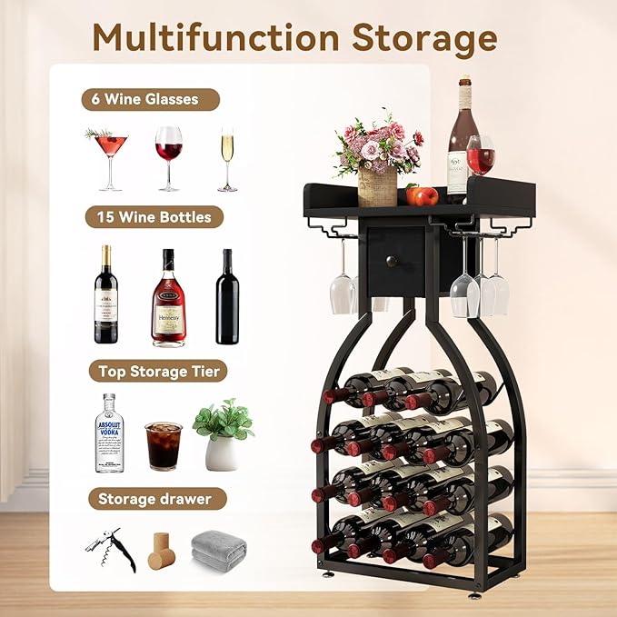 IBUYKE Wine Rack Freestanding Floor,Wine Storage 15 Bottles Bottle Rack with Glass Holders, Mini Bar Wine Cabinet with Storage Drawer for Home Bar Kitchen Dining Room,Black,UTMJ908B-Ruum Studio Home